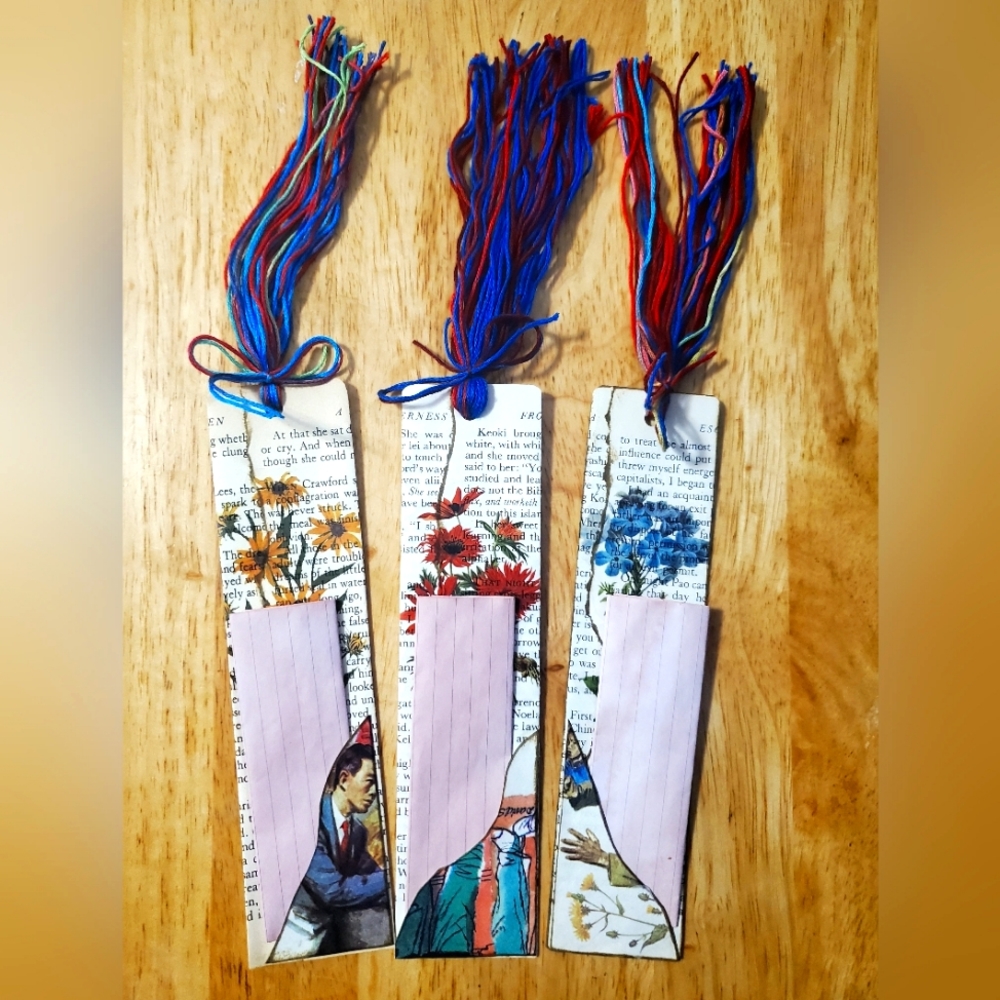 😀 HAND CRAFTED bookpage bookmarks set of 3 with notepaper